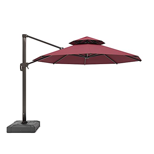 FUNWARRIOR 10ft Patio Umbrella Outdoor Umbrella Large Cantilever Umbrella Windproof Offset Umbrella Heavy Duty Sun Umbrella for Garden Deck Pool Patio with Double Top Round Deluxe, Wine Red(Without Base)）