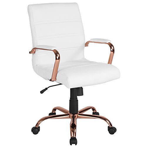 Flash Furniture Mid-Back White LeatherSoft Executive Swivel Office Chair with Rose Gold Frame and Arms