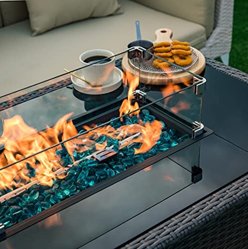Propane Gas Fire Pit Table with ETL Certified, 44'' 50,000 BTU Outdoor Rattan & Wicker-Look Square Gas Fire Pit Table Auto-Ignition Adjustable Flame, with Lid, Glass Wind Guard, Glass Stone