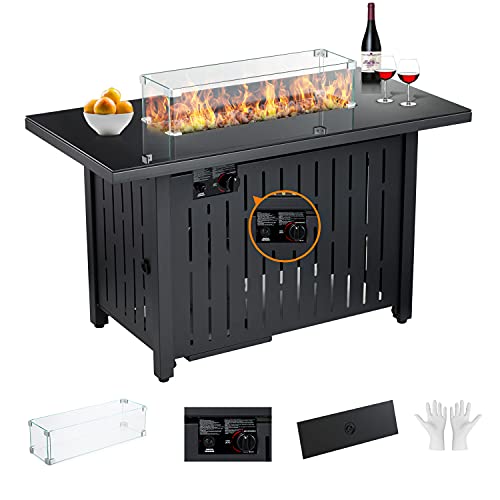 43 in Propane Fire Pit Table,Fire Pit Table with Glass Wind Guard,60,000 BTU Auto-Ignition Gas Firepit,CSA Certification and Black Tempered Glass Tabletop ,for Outdoor, Patio, Lawn