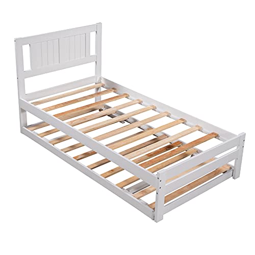 Twin Platform Beds Wooden Twin Bed Frame with Adjustable Trundle, Extendable Twin Bed for Kids Teens Bedroom, White