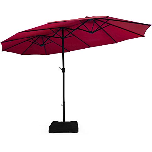 Tangkula 15 Ft Patio Double Sided Umbrella with Base, Outdoor Extra Large Market Umbrella with Crank Handle, Outdoor Twin Table Umbrella Base Included, Umbrella with Crank and Base (Wine)
