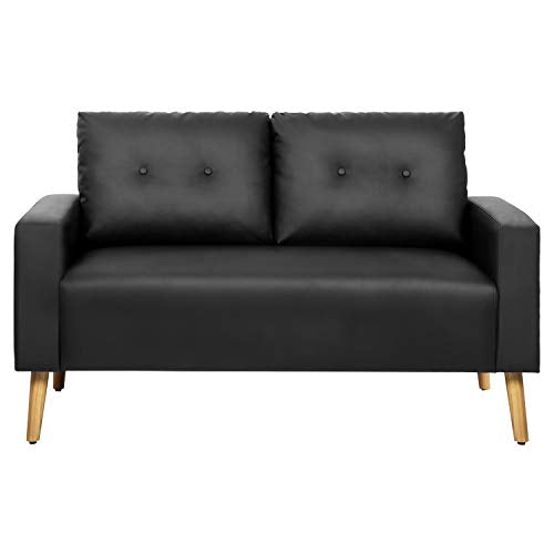 Pawnova Sleeper Button 2 Seater, Black Upholstered Mid Century PU Leather Loveseat Living Room, Modern Design Sofa with Tufted Back and Straight Armrests