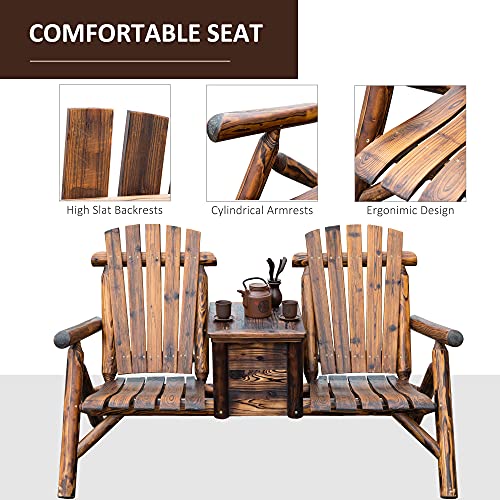 Outsunny Wooden Double Adirondack Chair Loveseat with Inset Ice Bucket, Rustic Aesethic, & Weather-Resistant Materials