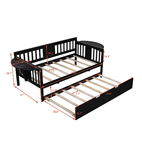 Twin Size Daybed with Trundle, Wood Twin Bed Frame with Built-in End Table and Twin Trundle Sofa Bed for Living Room, Guest Room, Wood Slat Support No Box-Spring Needed,
