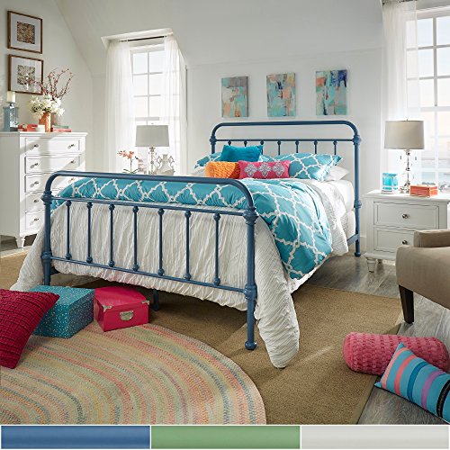 Modern Transitional Metal Bed with Curved Foot Headboards and Accented with Round Finials - Includes Modhaus Living Pen (King, Blue)