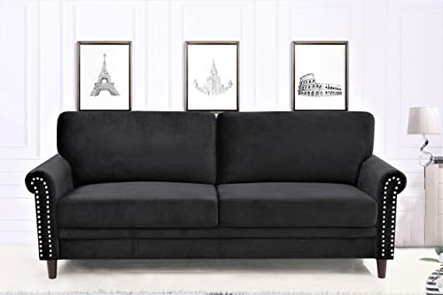 Container Furniture Direct Modern Velvet Upholstered Rolled Arm Loveseat, Loose Back 2-Seater Sofa Couch for Living Room, Bedroom, Reading and Home Office, 57 Inches, Black