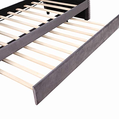 SOFTSEA Twin Daybed with Trundle, Tufted Sofa Bed with Nailhead Trim, Upholstered Daybed Frame, Grey