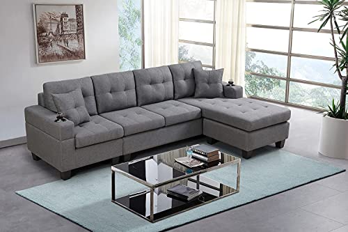 Longrune Modern Sectional Sofa Couch with Reversible Chaise & Cup Holders & Removable Cushions & Throw Pillows,Polyester Fabric 3-Seat L-Shape Corer Sofá for Small Space, Grey