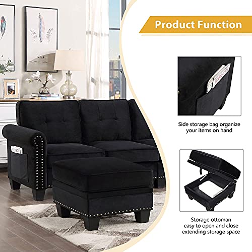 GAOPAN 4-Seat Upholstered Convertible Sectional Sofa Couch with Movable Storage Ottoman, Handy Side Pocket, Scrolled Arms & Nailhead Decor for Home Apartment Compact Space Living Room Furniture Set