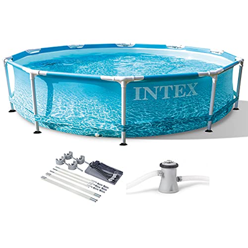 Intex 28207EH 10 Feet x 30 Inch Metal Frame Outdoor Backyard Above Ground Circular Beachside Swimming Pool with Filter Pump and Protective Canopy