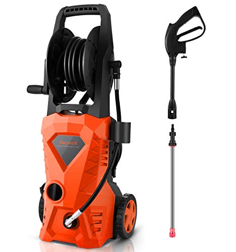 Suyncll Pressure Washer 3000PSI Electric Power Washer with Hose Reel and Brush,High Pressure Washer for Driveway Fence Patio Deck Cleaning (Orange)