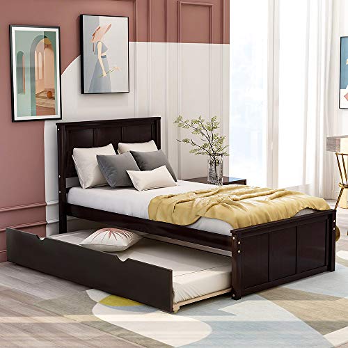 Twin Bed Frame with Trundle, Kids Platform Twin Bed with Pull Out Trundle,Solid Wood, No Box Spring Needed
