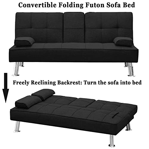 3 Pieces Convertible Sectional Sofa Couch, L-Shaped Sectional Sofa Bed with Two Cup Holders and Ottoman, Tufted Fabric Sofa with Removable Armrest, Modern Living Room Sofa Furniture Set (Black)