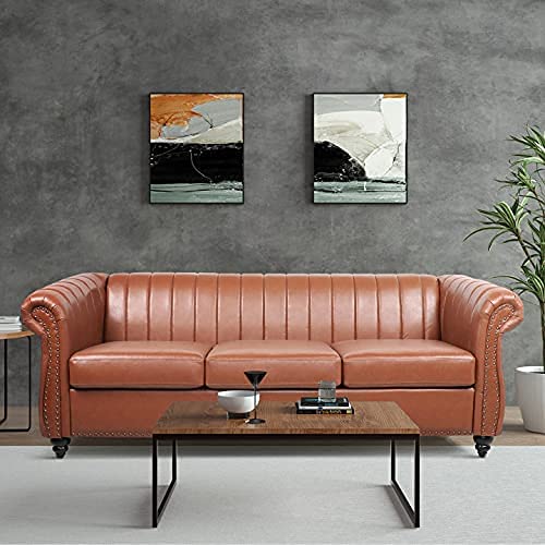 84'' PU Leather Sofa, Modern Design 3 Seater Accent Arm Couch for Living Room Furniture (Brown)