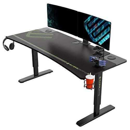 EUREKA ERGONOMIC 63 Inch Large Black Height Adjustable Home Office PC Computer Gaming Desk, Curved Edge Table for 3 Monitors, with Metal Legs Full Mouse Pad Controller Stand Cup Holder Headphone Hook