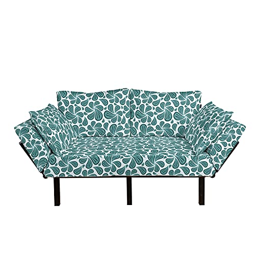 Ambesonne Leaves Futon Couch, Nature Foliage Pattern with Stripes and Paisley Inspired Motifs Pastel Background, Daybed with Metal Frame Upholstered Sofa for Living Dorm, Loveseat, Teal White