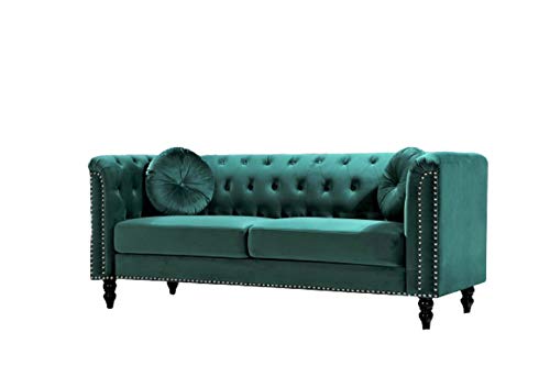 US Pride Furniture Modern Style High Density Foam 75.98'' Wide Emerald Green Velvet Rolled Arm Chesterfield Living Room Removable Cushion & Solid Wood Legs (S5608-5613) Sofas