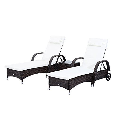 Outsunny 3 Piece Rattan Wicker Adjustable Chaise Lounge Chair with Wheels for Easy Moving & Padded Cushions, Brown