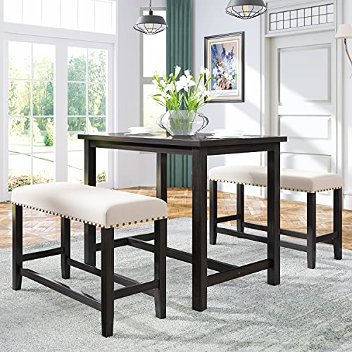 Harper & Bright Designs 3-Piece Rustic Wooden Counter Height Dining Set, Rustic Kitchen Dining Table with 2 Upholstered Benches for Small Places