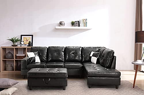 GAOPAN 3 Piece Modern Faux Leather Sectional Sofa, L-Shaped 5 Seater Corner Couch with Left Chaise Lounge, Storage Ottoman and 2 Pillows for Living Room Furniture Set, Black