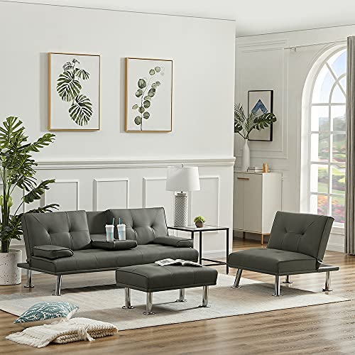 MAFOROB Futon Sofa Bed,3 Piece Modern Faux Leather Couch, Convertible Folding Recliner for Living Room with 2 Cup Holders and Removable Armrest,Include Loveseat,Single Sofabed and Ottoman, Grey