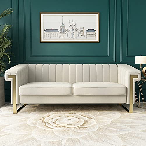MGH Modern Velvet Sofa,Collection Contemporary Velvet Upholstered Sofa Couch with Stainless Steel Base,83.86“ Lx 30.70“ Wx 30.51“ H(Beige)