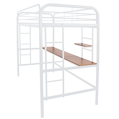 Twin Loft Beds Metal Bed Frame Loft Bed with Desk and Shelve, Twin Size Loft Bed for Dorm, Boys & Girls Teens Kids, White