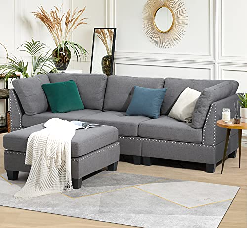 Esright 88.6” Convertible Sectional Sofa Couch with Ottoman, Modern Tufted Fabric L-Shaped Couch with Reversible Chaise, Suitable for Office,Living Room and Hotel Lobby, Gray
