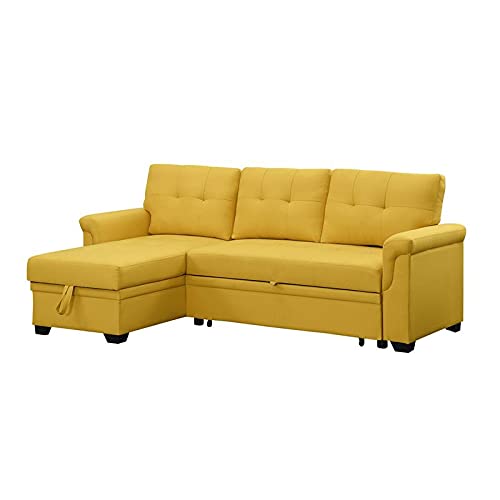 BOWERY HILL Yellow Linen Fabric Reversible Sleeper Sectional Sofa with Storage