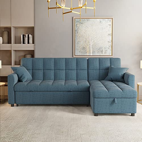 Reversible Sectional Sleeper Sofa, 82'' Wide Pull-Out Sofa Bed with Storage, L-Shape Sectional Sofa with Chaise, 3 in 1 Design Convertible Loveseat for Living Room Small Apartment (Blue)