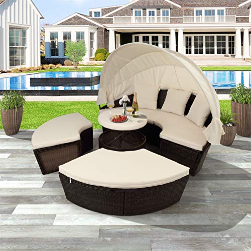 Patio Furniture Outdoor Round Sectional Sofa Set Rattan Daybed Sunbed with UV-Proof Retractable Canopy, Liftable Table, Separate Wicker Seating and Removable Cushion (Beige)