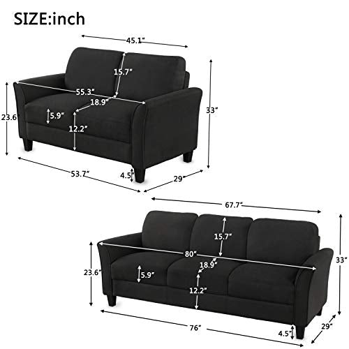 2-Piece Linen Fabric Upholstered Living Room Furniture Set, Including 3-Seater Sofa and Loveseat Sofa with Seat and Back Cushions, Black