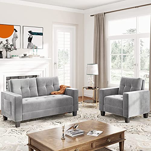 GAOPAN Modern 2 Piece Upholstered Sectional Sofa for Living Room Furniture Set Include Loveseat and Single Armchair, Stylish Velvet Tufted Cushion Couch W/Storage Side Pockets,Light Grey