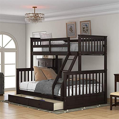 Harper&Bright Designs bunk Bed Twin Over Full Size Solid Wood Bunk Beds with Ladder & Two Storage Drawers and Guard Rail (Espresso-New)
