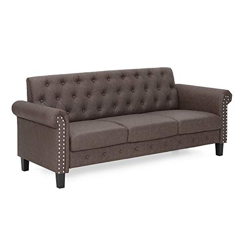 FURINNO Bastia Vintage Modern Chesterfield Button Tufted 3-Seater Sofa Couch for Living Room, Brown Faux Leather