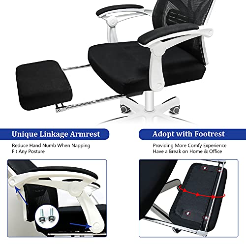 Ergonomic Office Chair, 155° Reclining High Back Mesh Office Chair with Footrest, Large Seat & Linkage Armrest, Adjustable Swivel Computer Desk Chair, White
