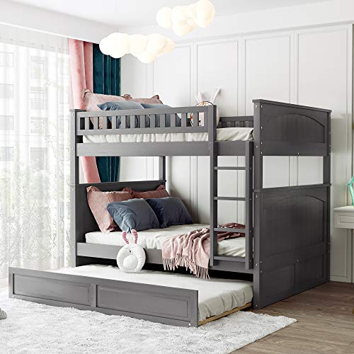 Harper&Bright Designs Full Over Full Bunk Bed with Twin Trundle, Pine Wood Bunk Bed with Safety Guardrails and Ladder for Kids, Teens Bedroom, Guest Room Furniture (Grey)