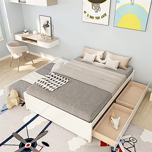 Full Bed with Trundle and Drawers, Wood Platform Bed Frame Space-Saving Captain Bed for Boys, Girls, Kids, Teens and Adults, White