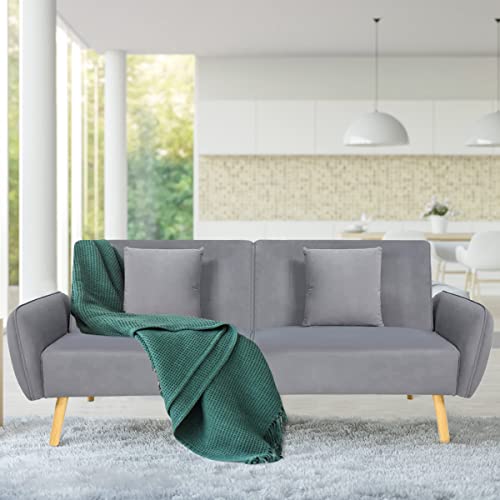 Intergreat Convertible Futon Sofa Bed, Upholstered Folding Sleeper Couch Sofa with Armrest and 2 Pillows, Modern Reclining Loveseat with Tapered Leg for Apartments, Living Room, Bedroom