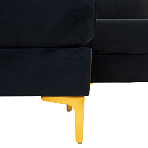 Casa Andrea Milano Modern Large Velvet Fabric Sectional Sofa Couch with Extra Wide Chaise Lounge with Golden Legs, L Shaped, Black