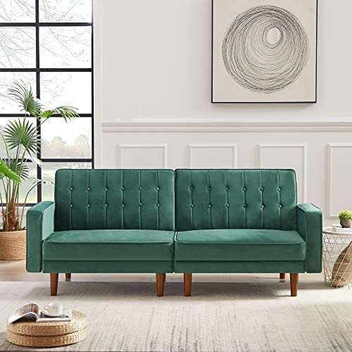 AOOWOW Square Arm Futon Sofa Bed Sleeper, Mid-Century Modern Button Tufted Velvet Upholstered Split Sofa Couch,Convertible Folding Sofa Couch Sleeper for Compact Living Space,Apartment (Green)