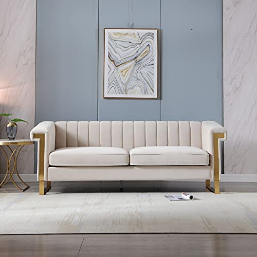 Modern Velvet Chesterfield Sofa Vertical Channel, Classic Velvet Tufted Upholstery Futon Sectional Sofa Counch with Scroll Arms& Stainless Steel Feet for Livingroom Guest Room, Beige