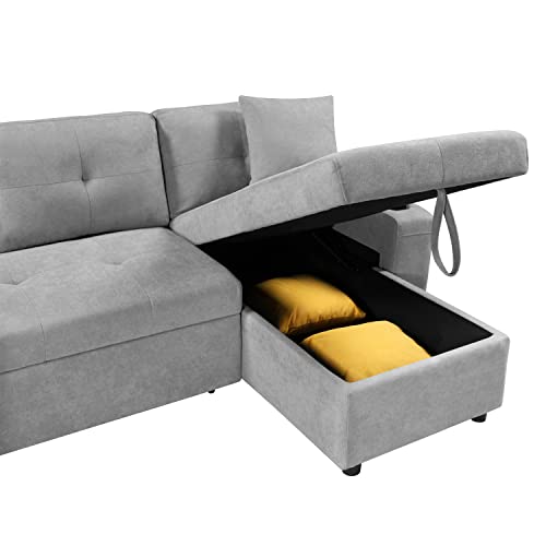 STARTOGOO Modern Linen Sectional Sofa Bed Convertible L-Shape Couch Sleeper with Storage Chaise Lounge,Side Pockets,Cup Holders,2 Pillows for Living Room Apartment Furniture, Light Gray