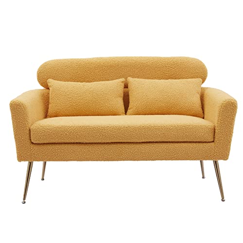 Betoko Small Couch Sofa Two Seater Loveseat Mini Room Couch with 2 Throw Pillows and Gold Metal Legs for Small Space Office Studio Apartments Bedroom, Yellow