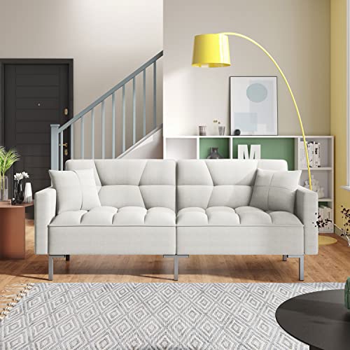 Convertible Folding Futon Sofa Bed, Linen Upholstered Sofa Couch Loveseat with Pillows for Compact Living Space Apartment Dorm, White