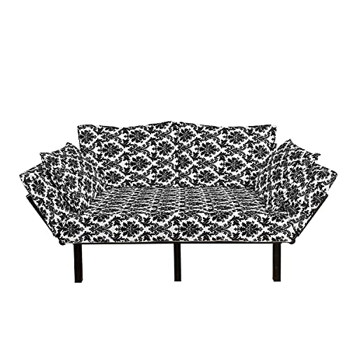 Lunarable Damask Futon Couch, Vintage Style Pattern Classical Victorian Interior Design Elements Floral Print, Daybed with Metal Frame Upholstered Sofa for Living Dorm, Loveseat, Black and White