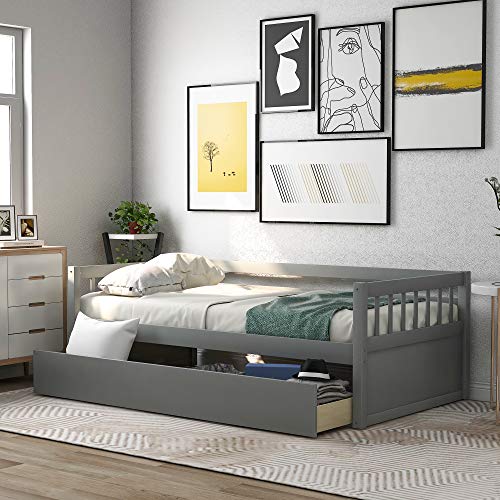 Wood Daybed Frame Twin Size with Drawer, Wooden Slats Support Modern Daybed Twin (Grey (with Drawers))