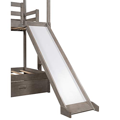 House Bunk Beds, Wood Bunk Beds with Roof and Guardrail for Kids, No Box Spring Needed (Antique Grey (Slide), Twin Over Twin)