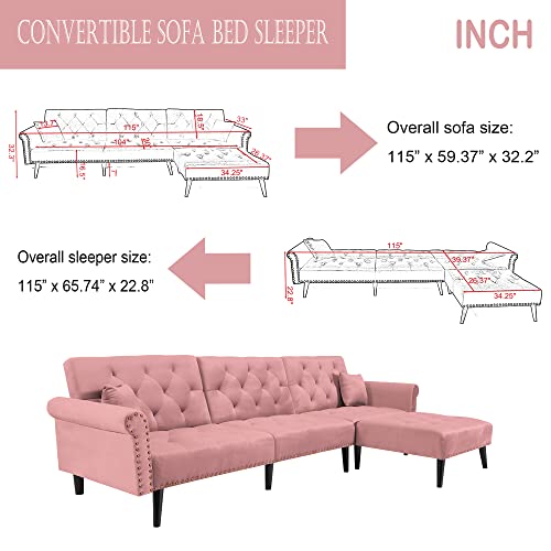 115” Wide Convertible Sofa Bed L-Shaped Pink Sectional Couches with 2 Pillows